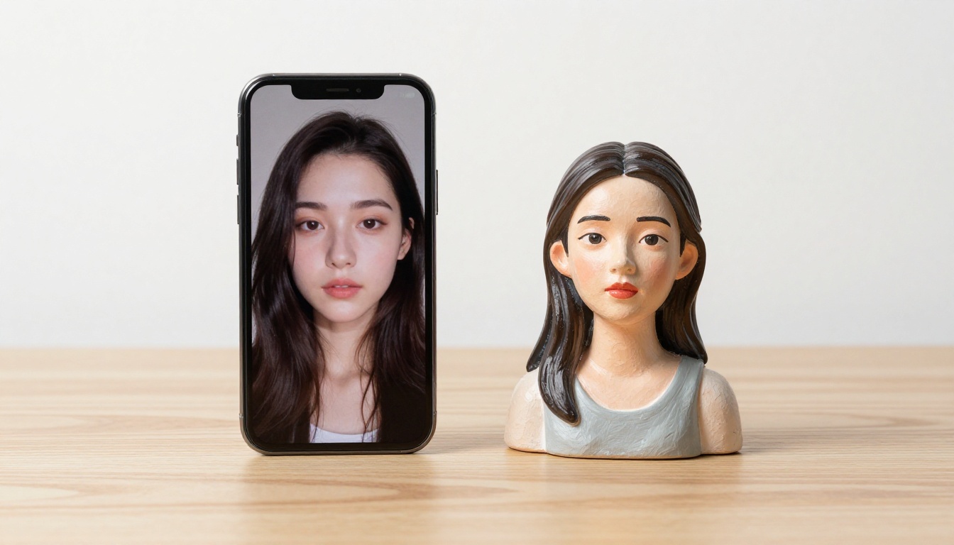 Smartphone displaying a selfie next to a matching 3D-printed figurine on an oak wood desk
