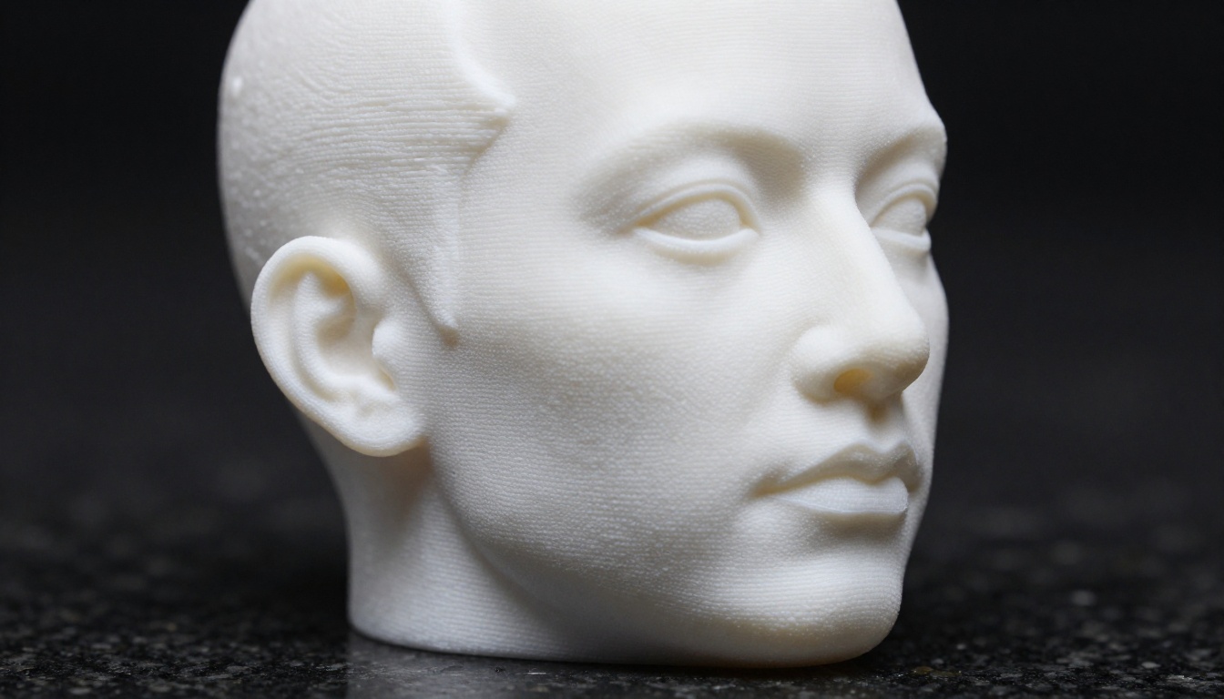 Macro close-up of white resin 3D-printed figurine on polished black granite surface