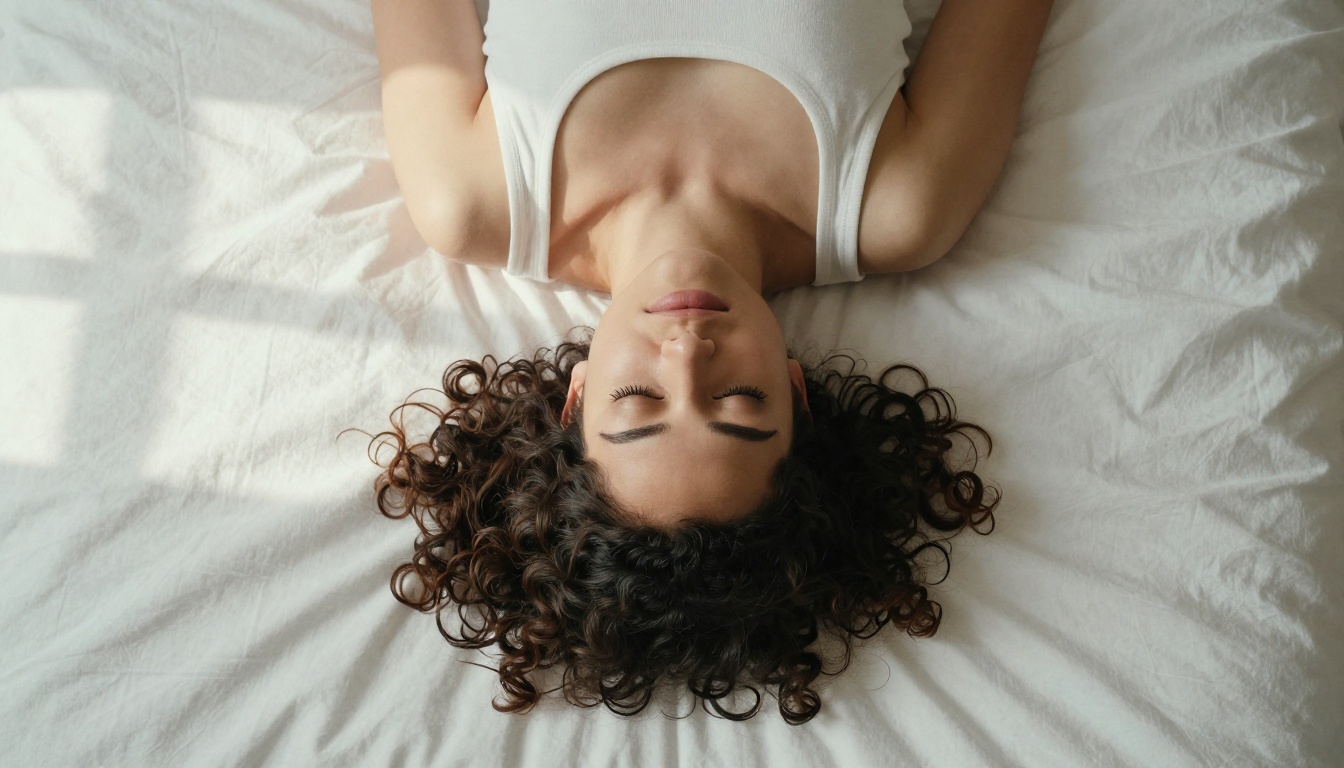 Aerial top-down view of woman with dark curly hair lying on white cotton sheets with soft morning window light