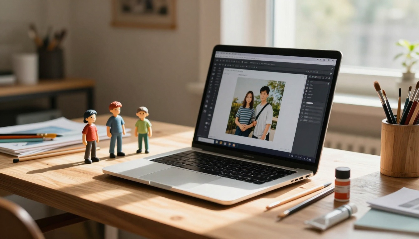 Creative workspace with laptop showing AI interface and 3D-printed figurines on desk