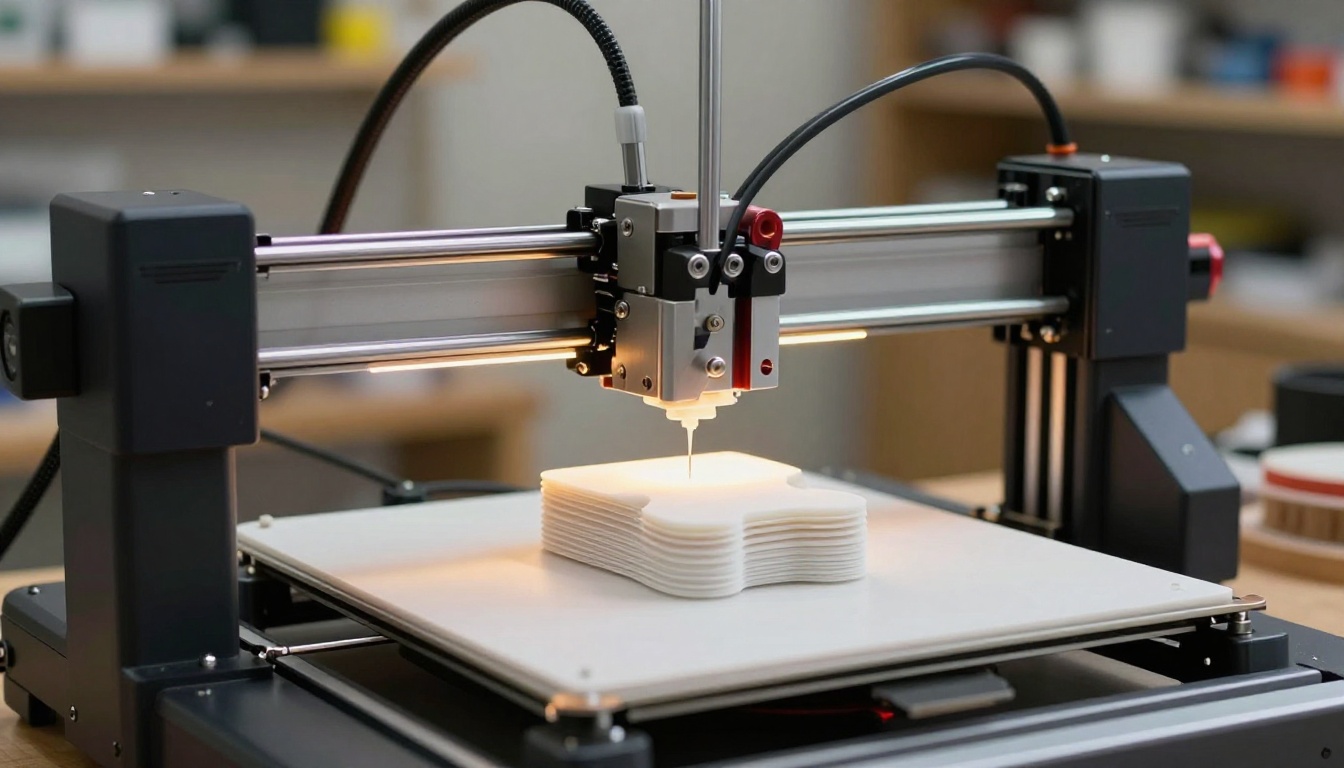 Modern 3D printer actively printing a small figurine in a home workshop