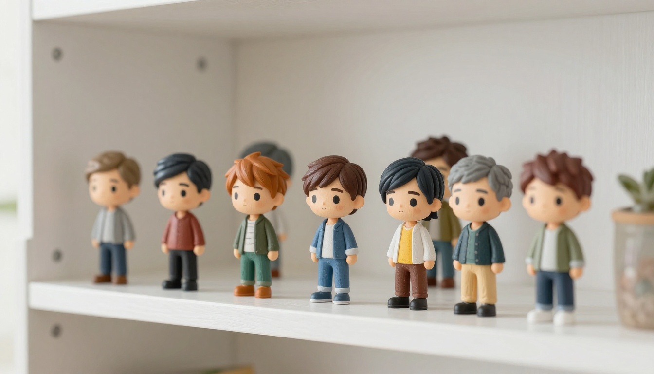 Collection of six personalized 3D-printed figurines on a white wooden shelf