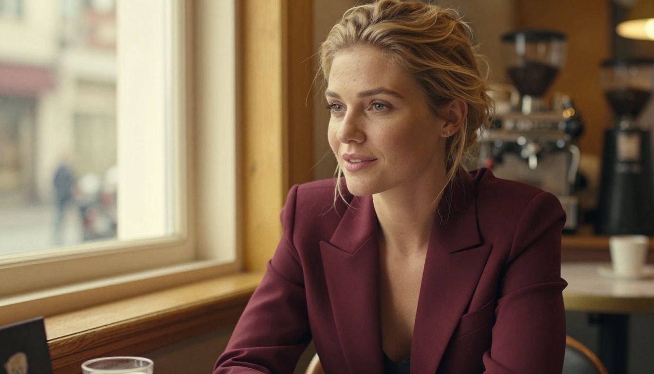 Woman with blonde hair in a loose bun wearing a burgundy blazer in a warmly lit coffee shop