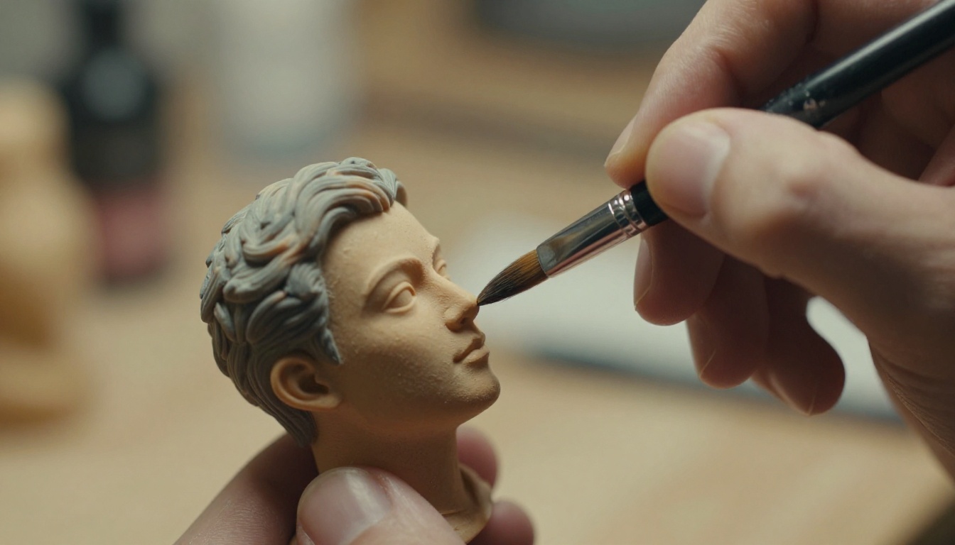 Artist's hand painting intricate details on a tiny 3D-printed figurine with a fine brush