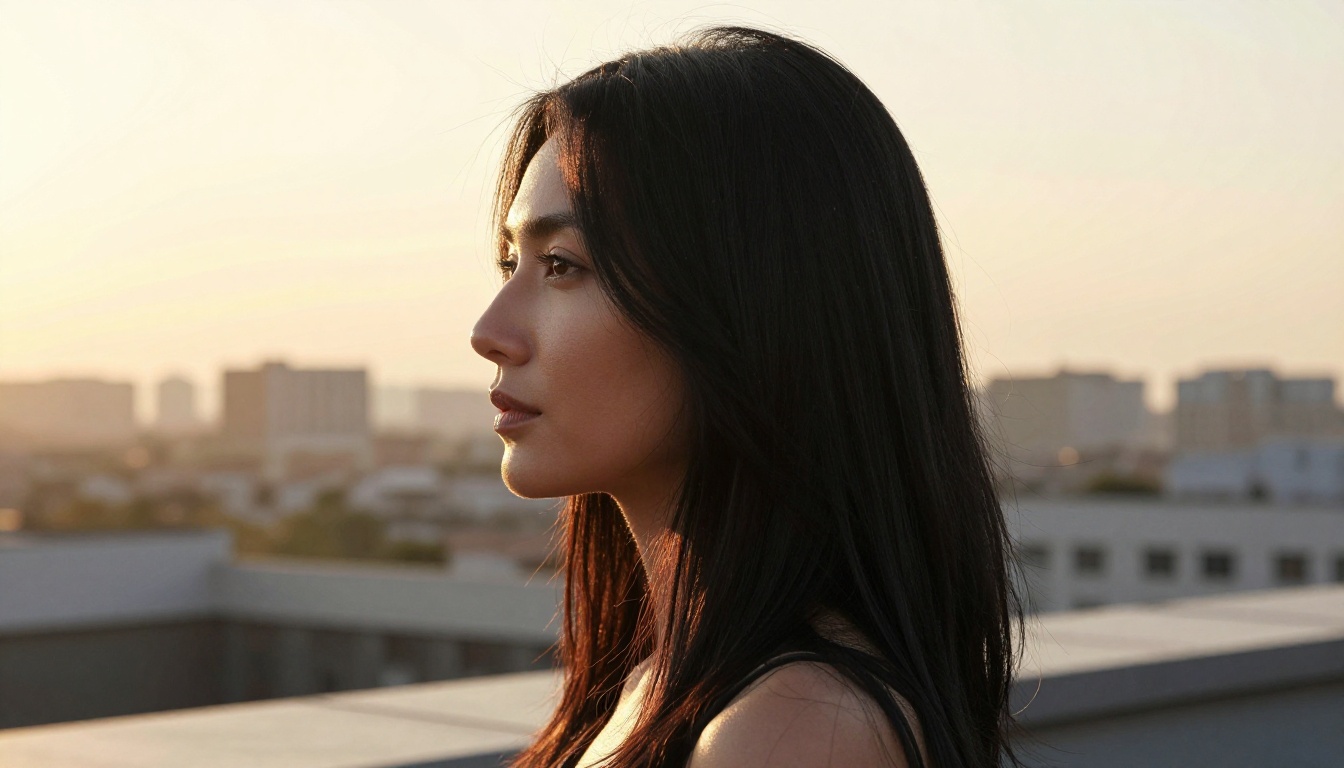 Woman with long black hair in side profile at golden hour with blurred city skyline behind her
