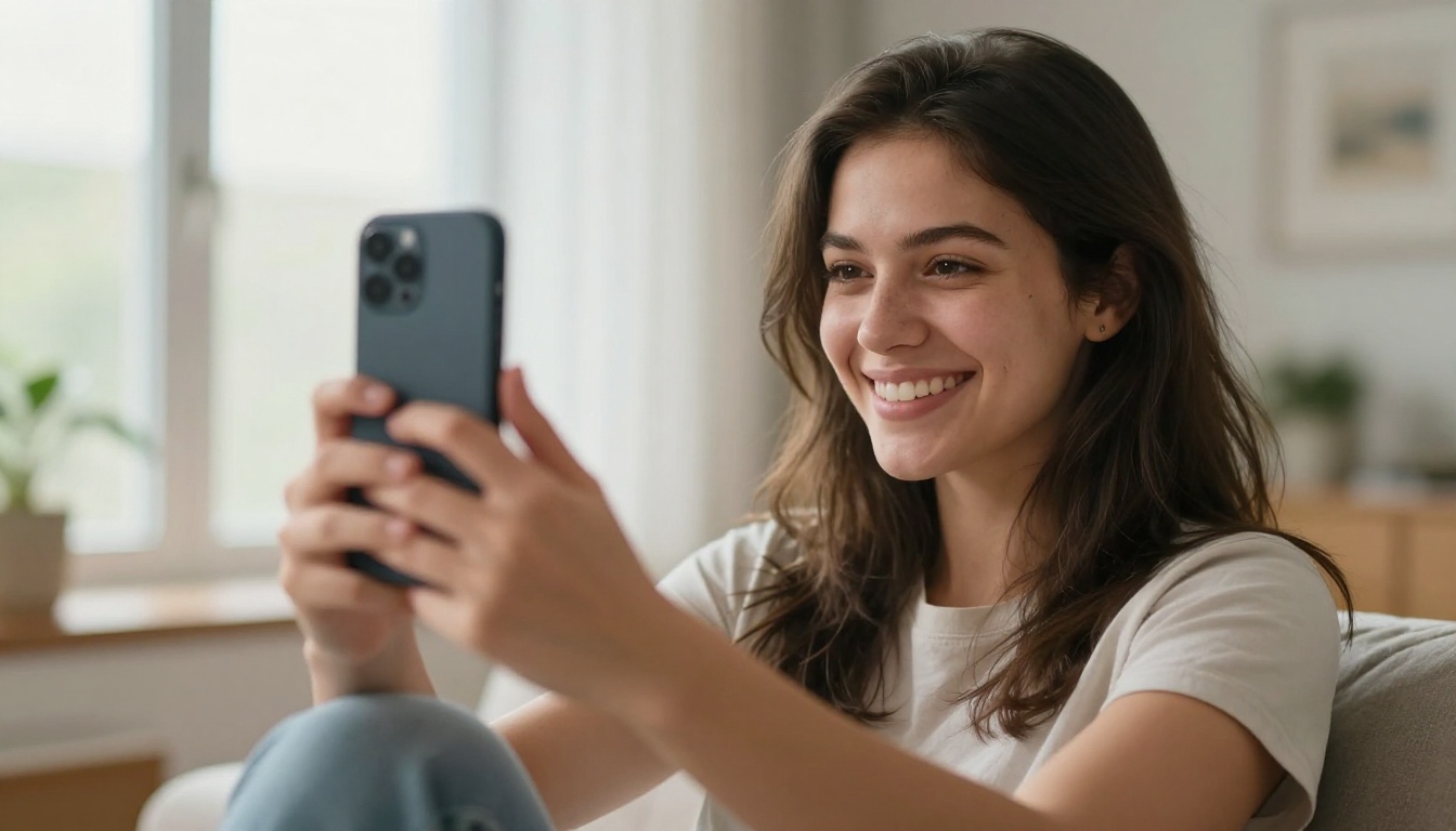 Young woman taking a natural selfie indoors with morning window light