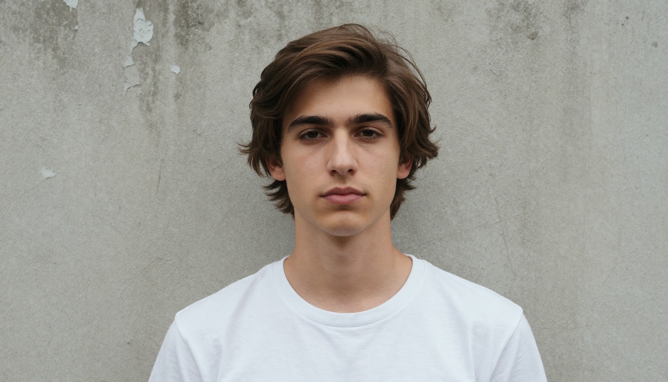 Man with medium brown hair in a white t-shirt leaning against an urban concrete wall in natural daylight