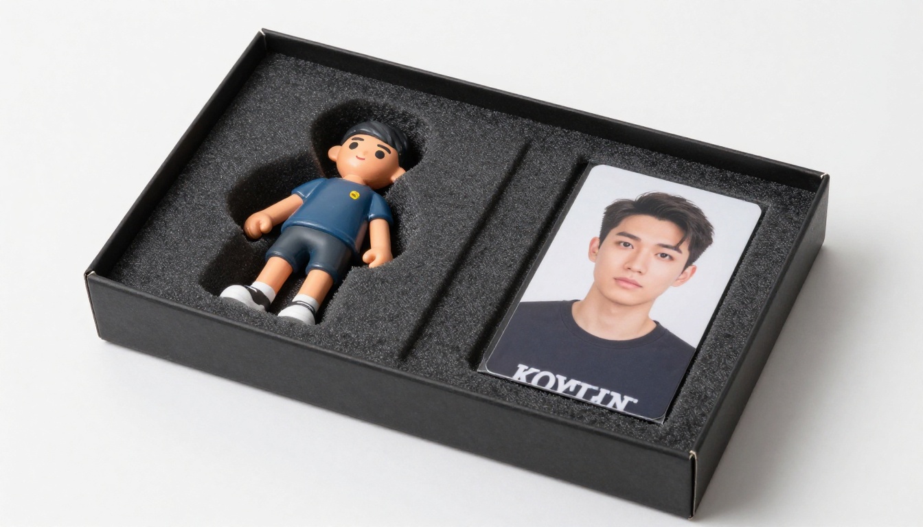 Personalized 3D figurine gift box open on white surface with portrait photo card