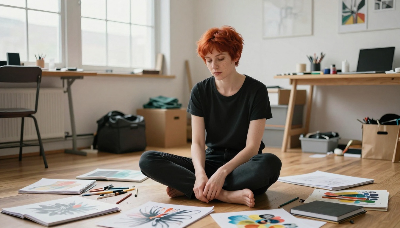 Woman with short red pixie hair sitting cross-legged on a hardwood floor surrounded by sketchbooks and art supplies