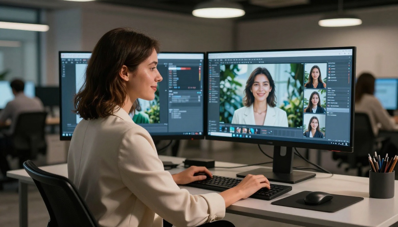 A designer reviewing 4K AI-generated images on dual monitors in a modern studio workspace