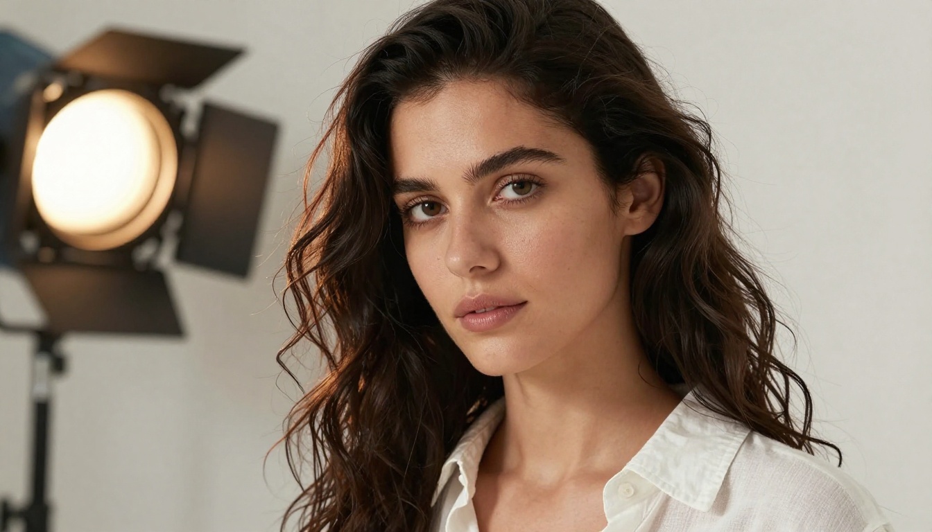 A close-up editorial portrait of a woman with cinematic studio lighting, shallow depth of field, RAW photography