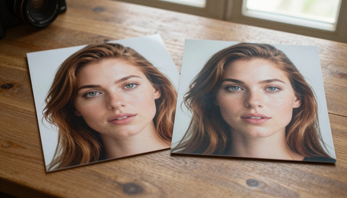Two printed photographs of the same woman laid on a wooden table showing character reference comparison