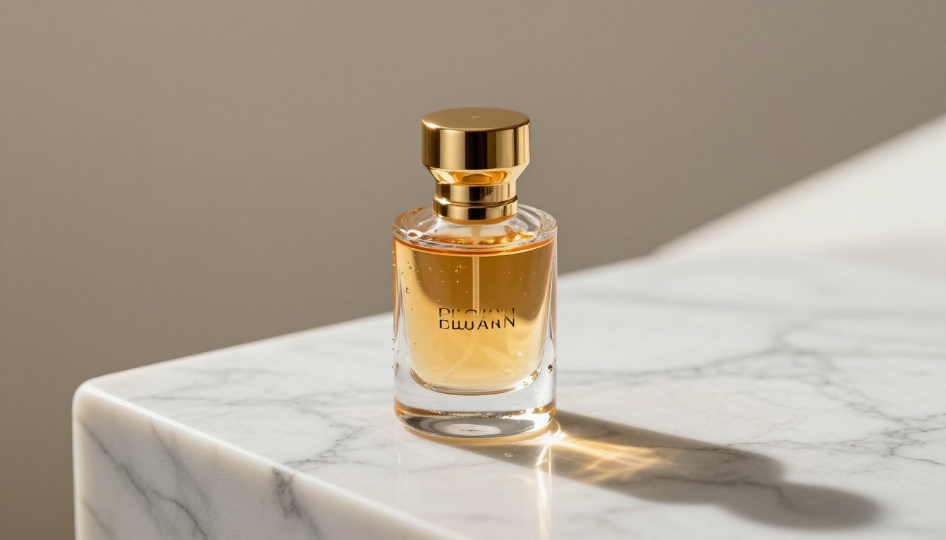A luxury glass perfume bottle on white marble with natural window light creating a caustic refraction, macro product photography