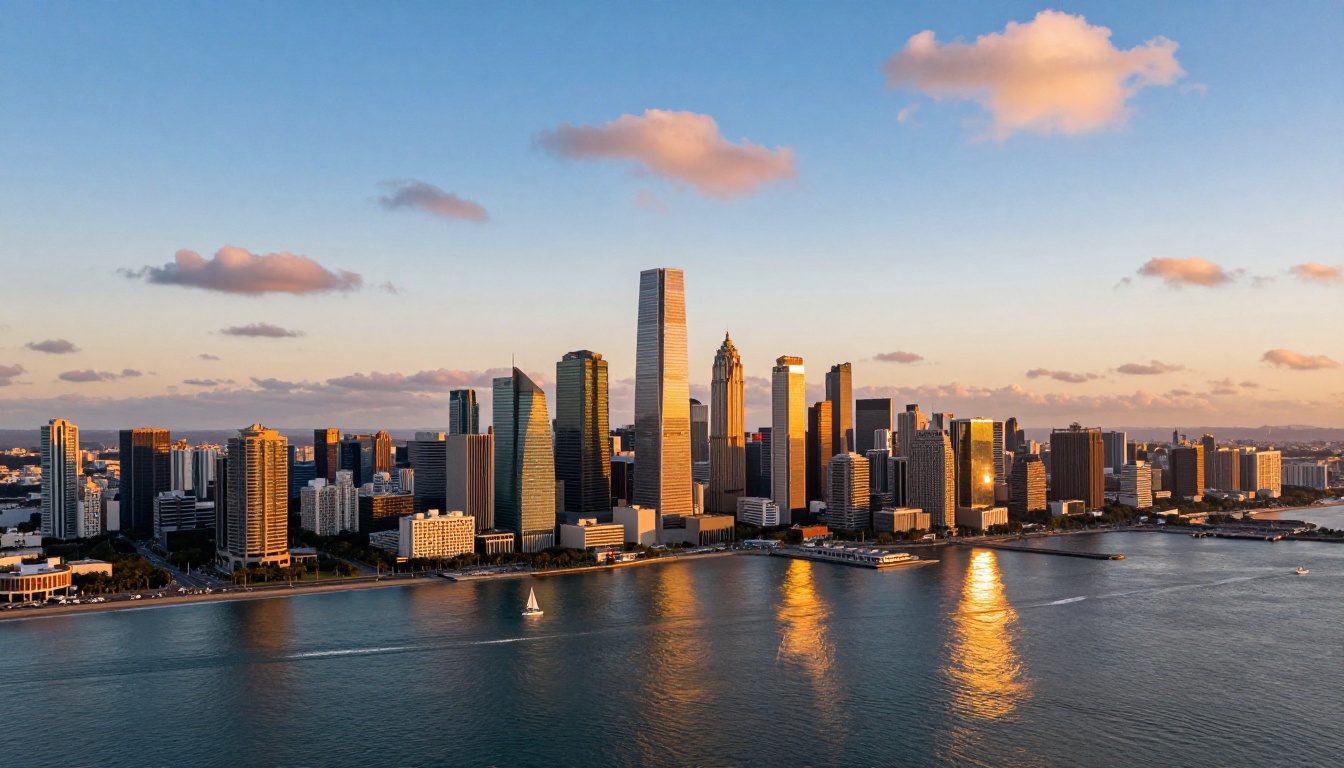 Aerial drone shot of a coastal city skyline at golden hour, buildings reflecting warm sunlight, harbor with sailboats