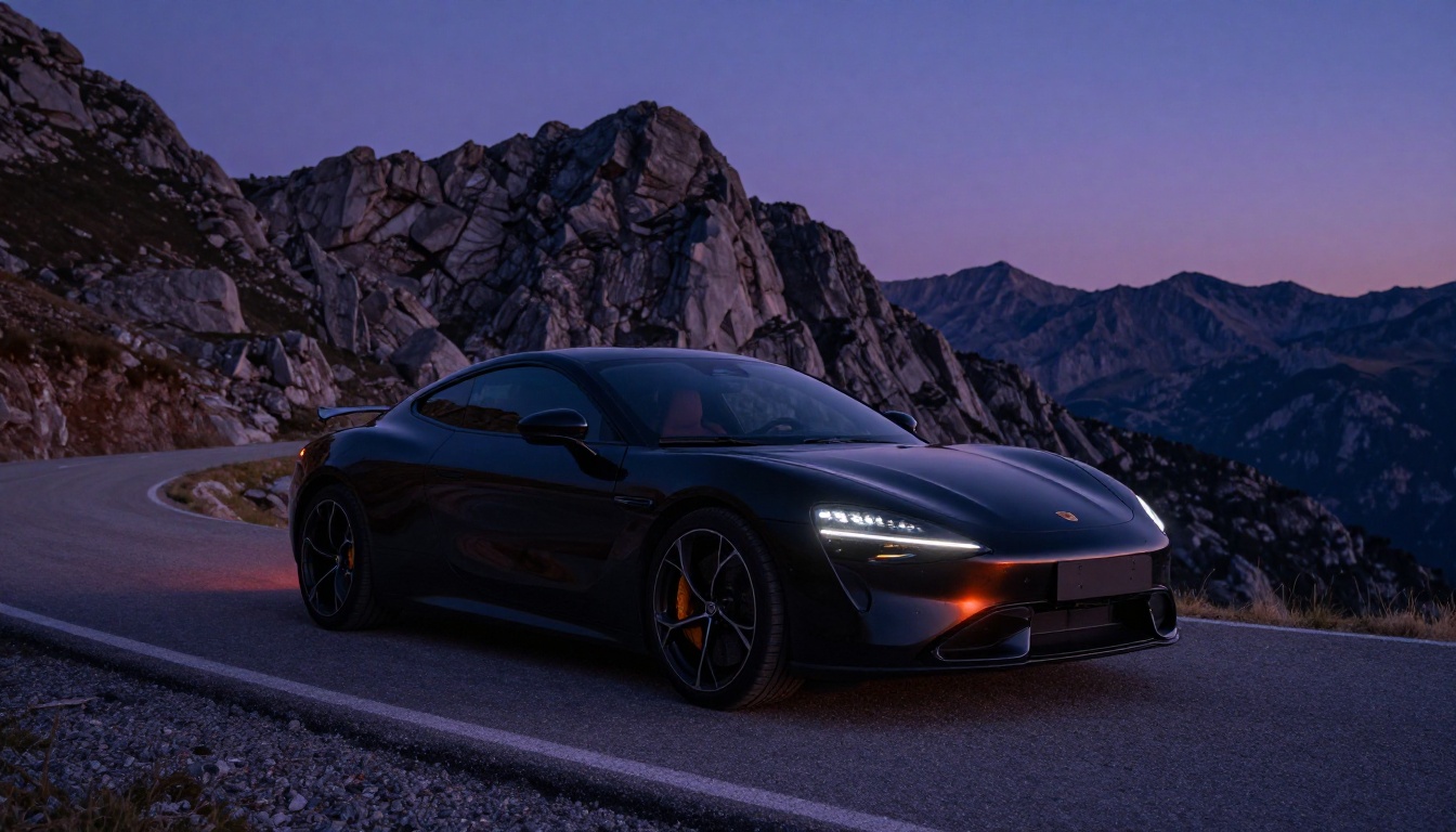 A sleek black sports car on a winding mountain road at dusk, blue-hour sky, photorealistic automotive photography