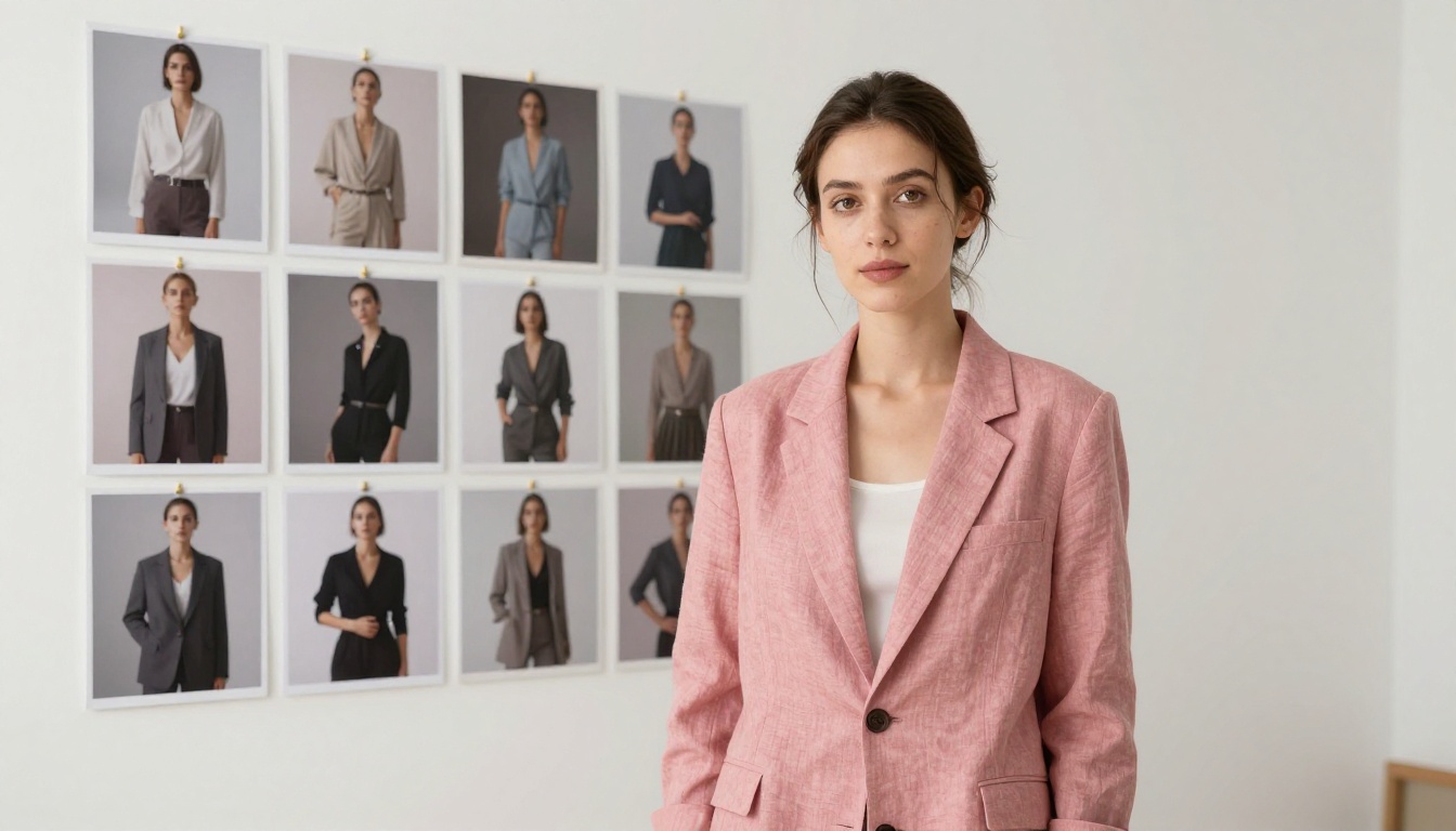 A woman in a dusty rose blazer standing in a bright studio, large format AI-generated prints behind her, professional photoshoot setting