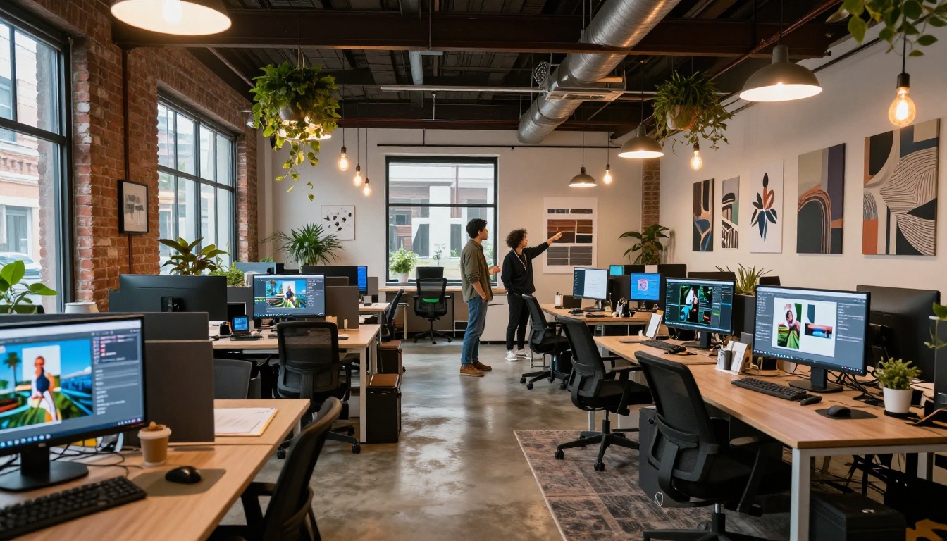 A modern creative agency open office with designers reviewing large AI-generated prints, warm and cool mixed lighting, industrial style
