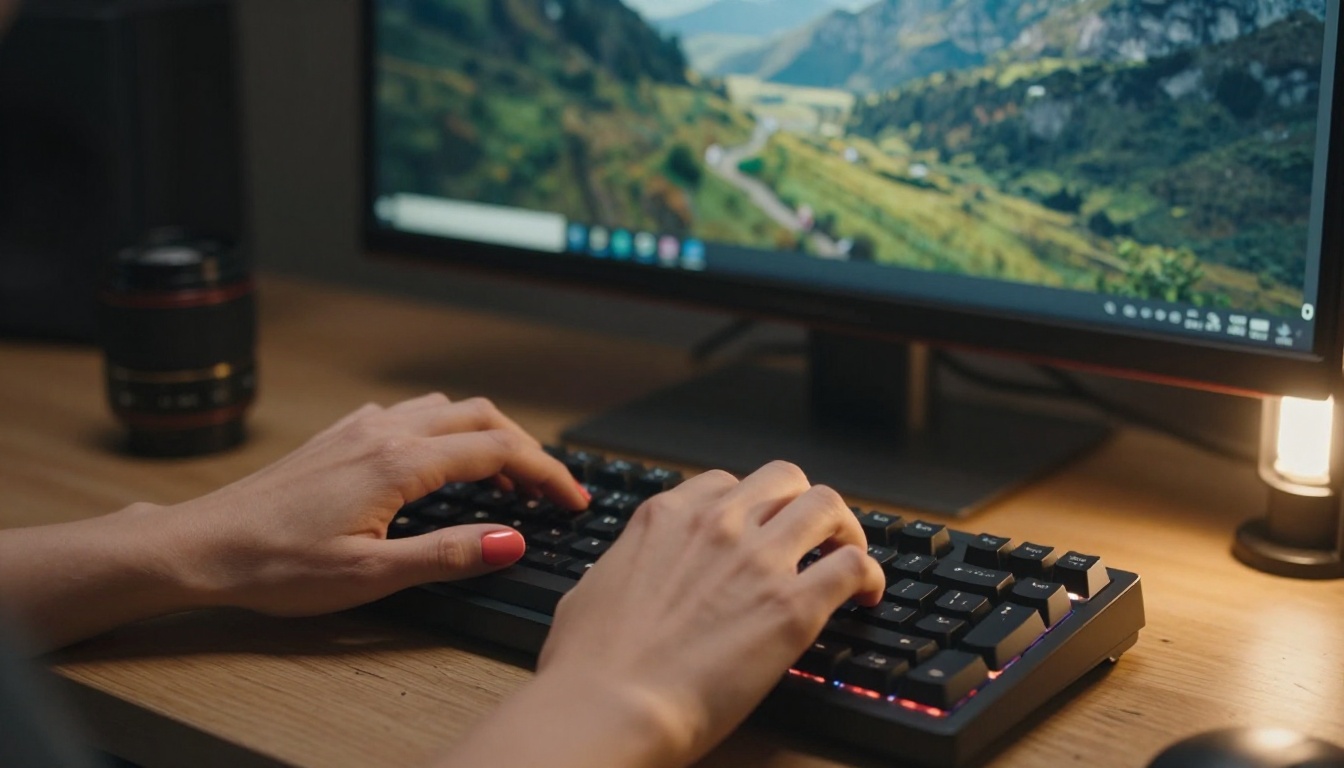 Close-up of hands at a backlit mechanical keyboard with photorealistic AI image comparison on monitor behind Close-up of hands at a backlit mechanical keyboard with photorealistic AI image comparison on monitor behind