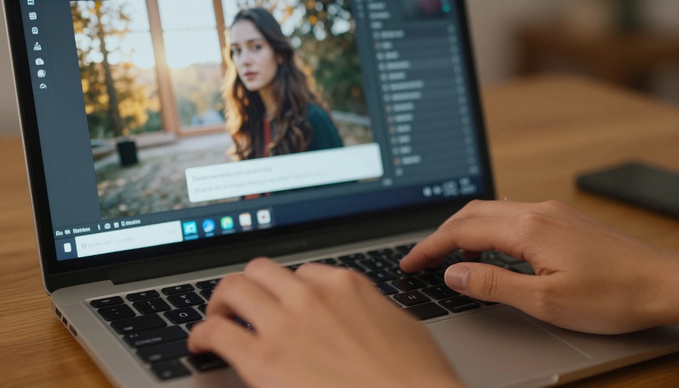 Hands typing into AI photo editing tool on laptop