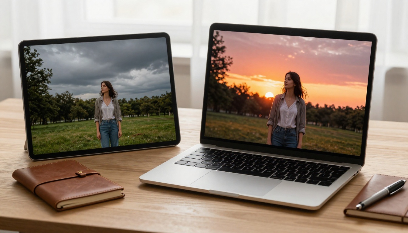 Before and after AI editing comparison on laptop screen