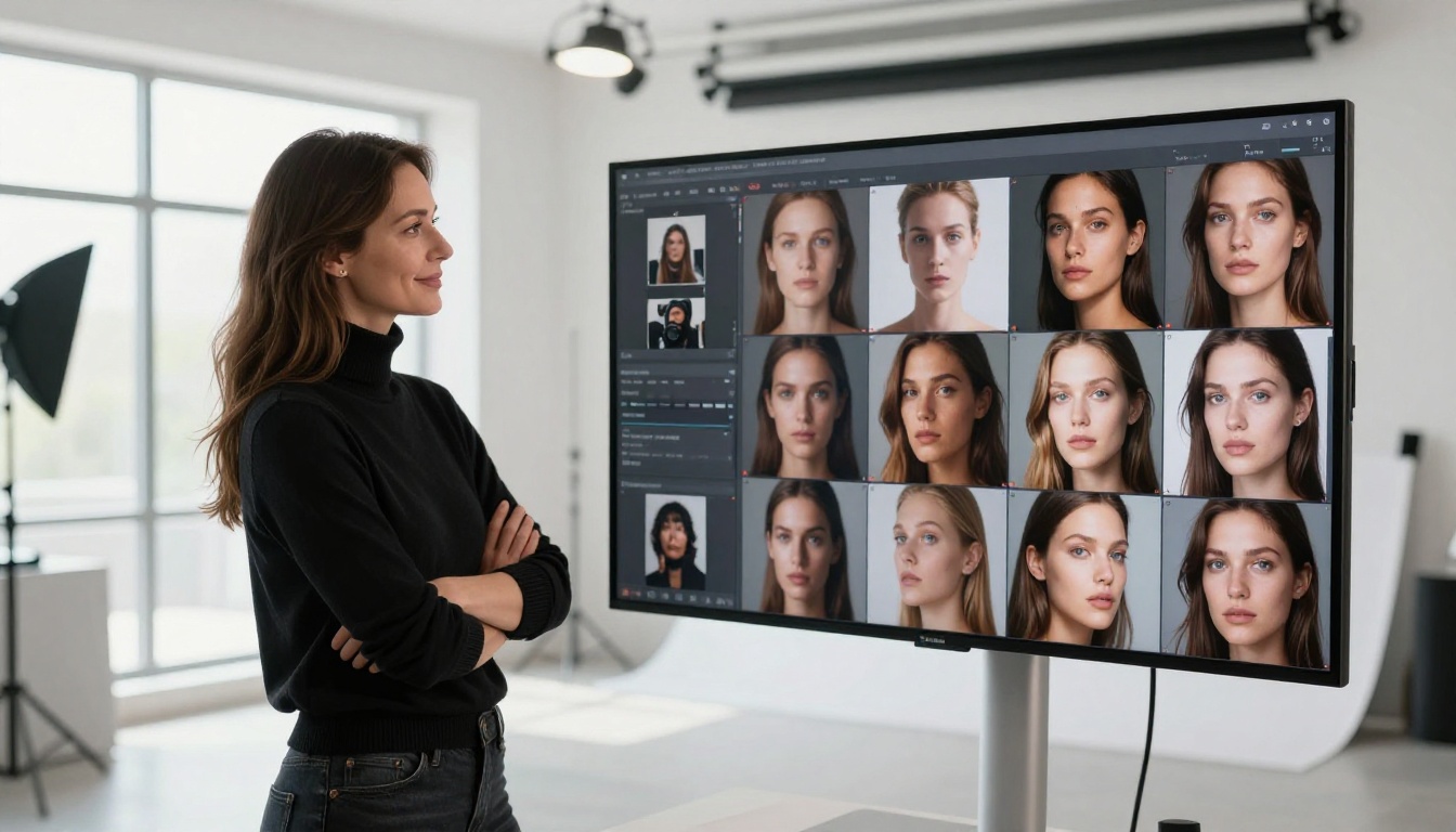 Professional photographer reviewing AI-generated image gallery on a color-calibrated studio monitor Professional photographer reviewing AI-generated image gallery on a color-calibrated studio monitor