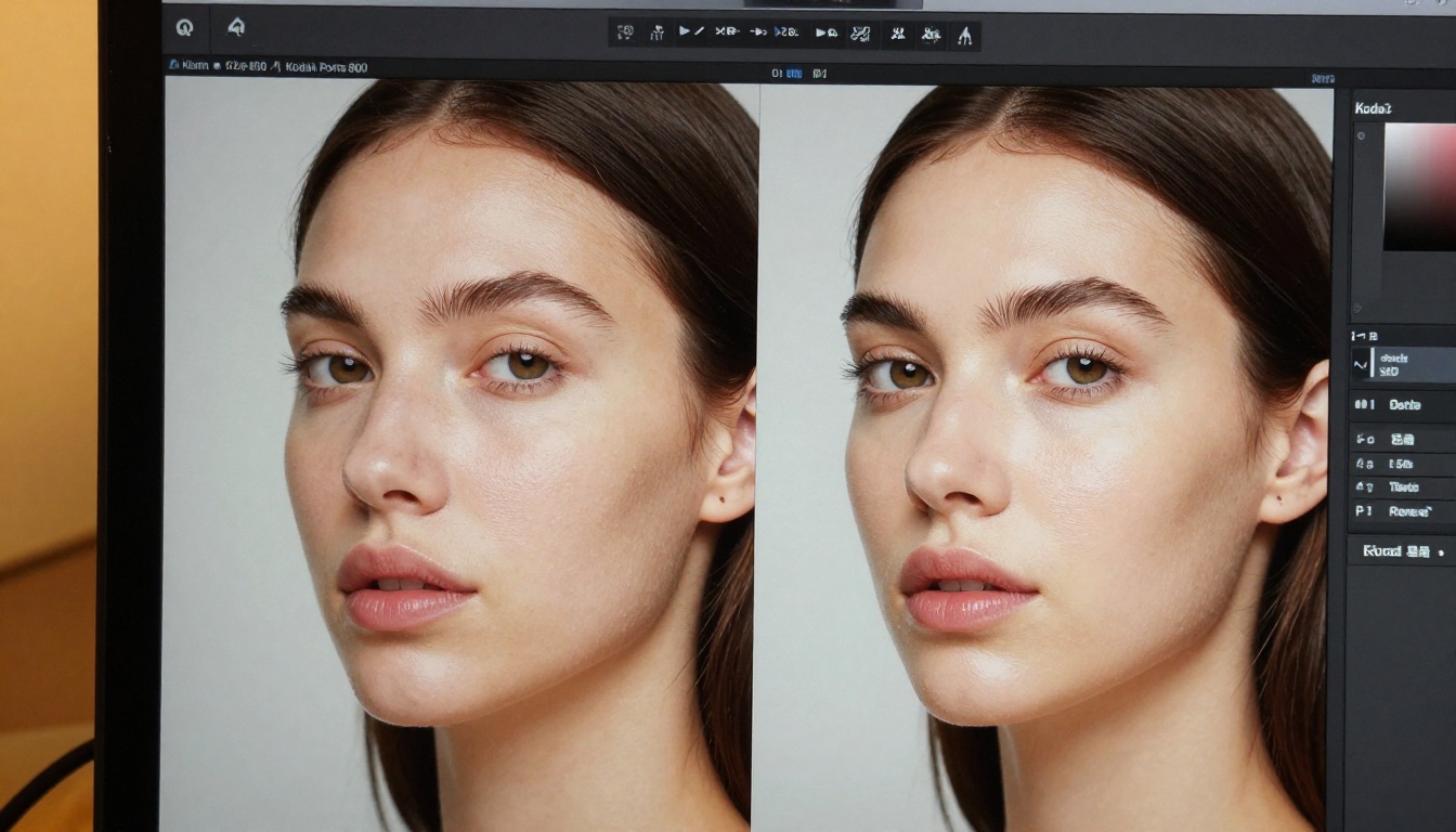 Portrait retouching in progress on professional monitor