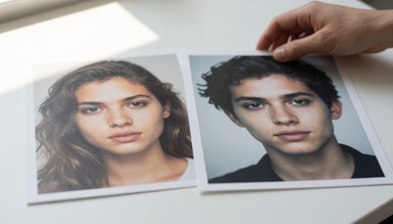 Two printed photographic portraits placed side by side on a white table showing subtle rendering style differences Two printed photographic portraits placed side by side on a white table showing subtle rendering style differences
