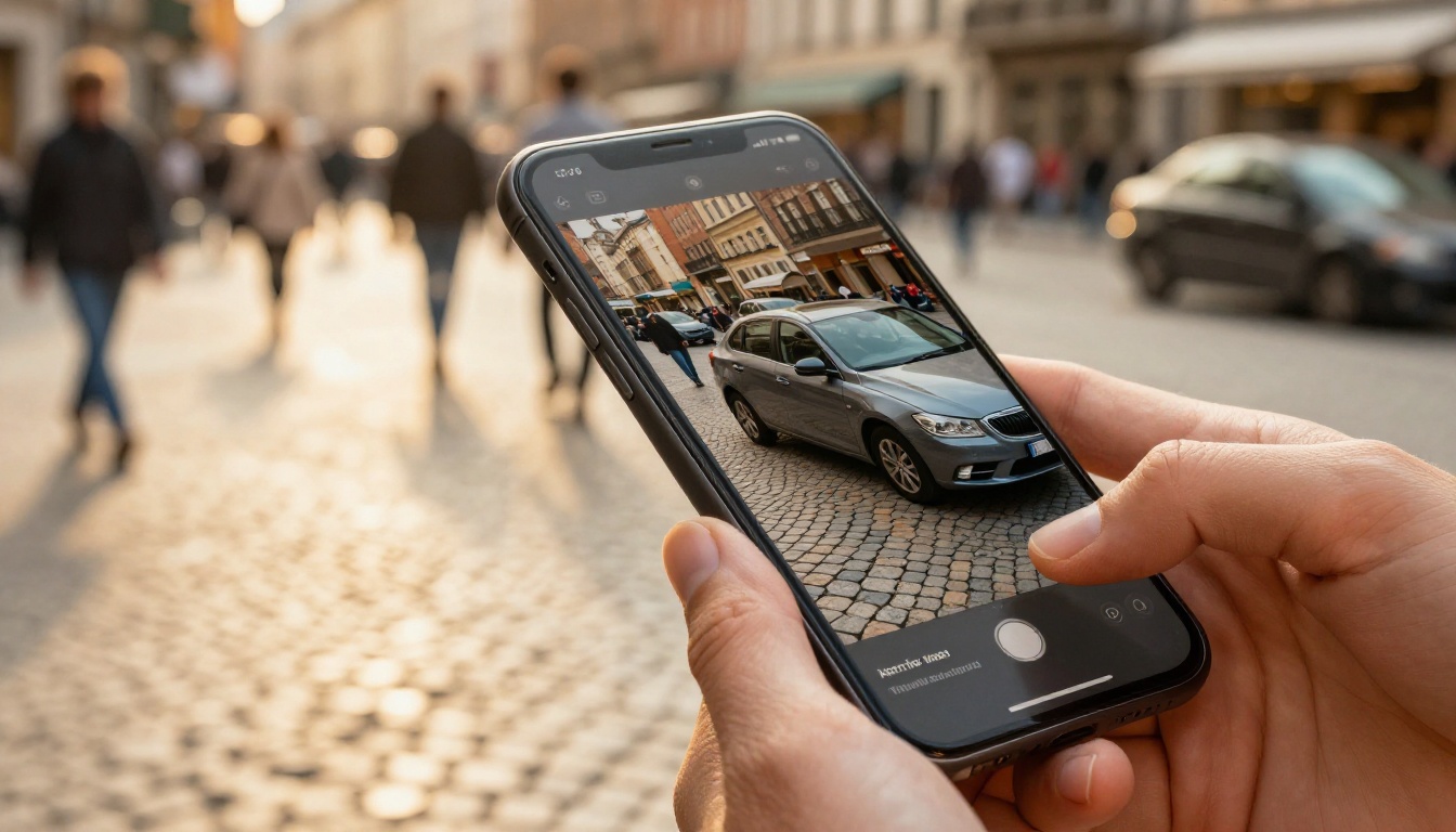 Smartphone AI object removal in busy city plaza