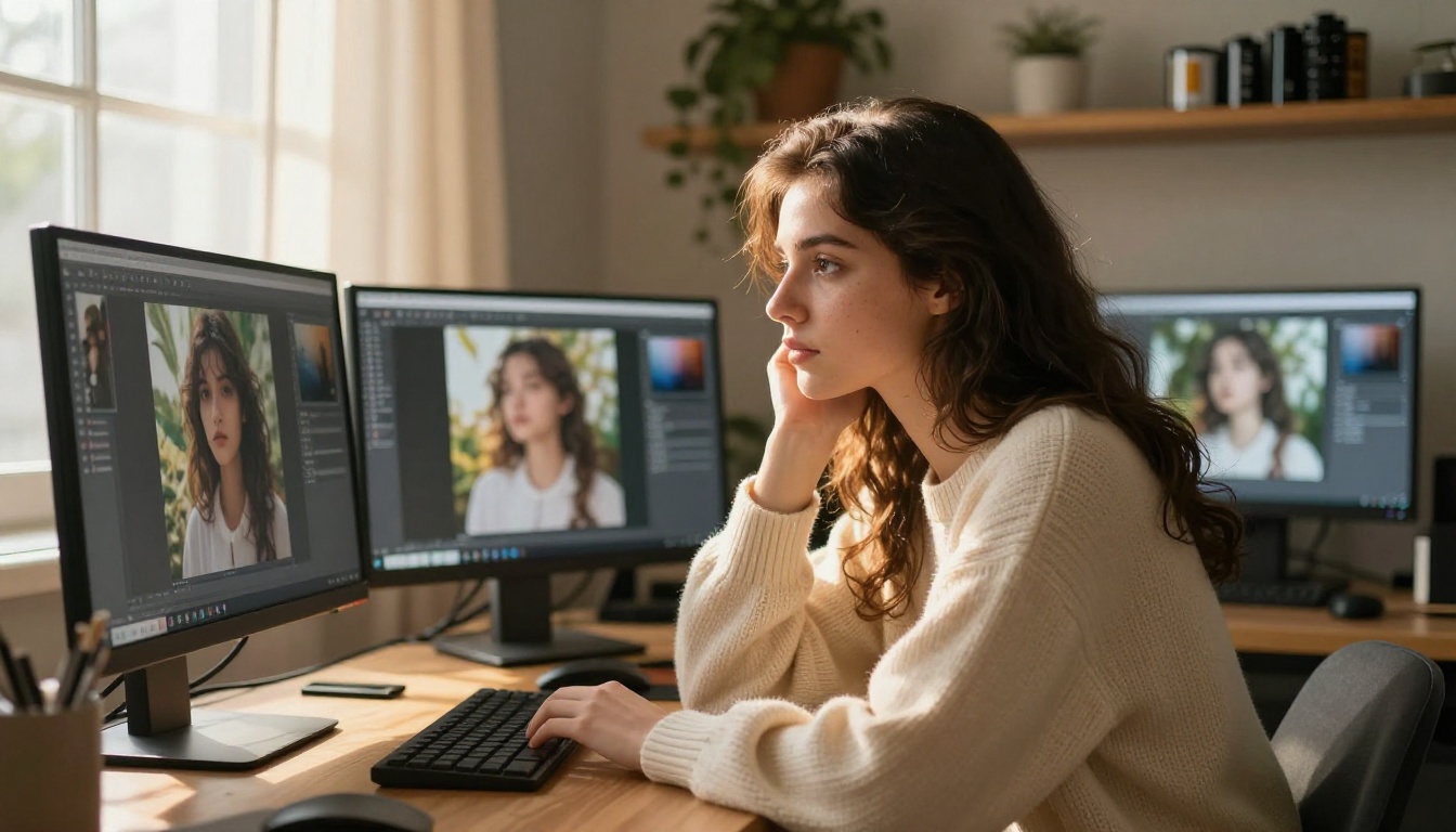 Young woman at triple-monitor workstation evaluating AI-generated photography samples in warm afternoon studio light Young woman at triple-monitor workstation evaluating AI-generated photography samples in warm afternoon studio light