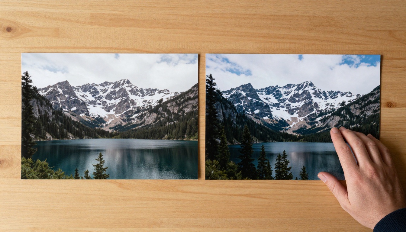Photo upscaling quality comparison on wooden table