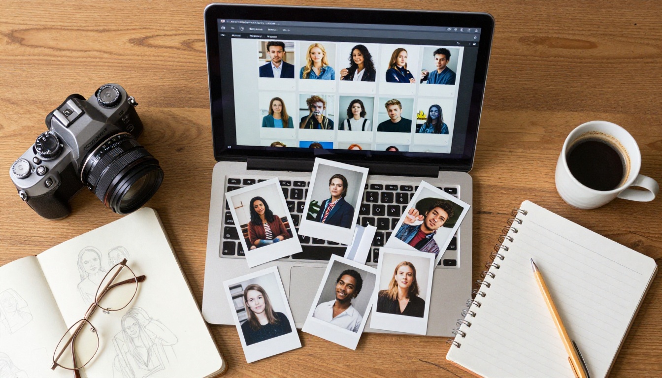 Overhead flat-lay of creative workspace with Polaroid prints, sketchbook, vintage camera body, and laptop on wood grain table