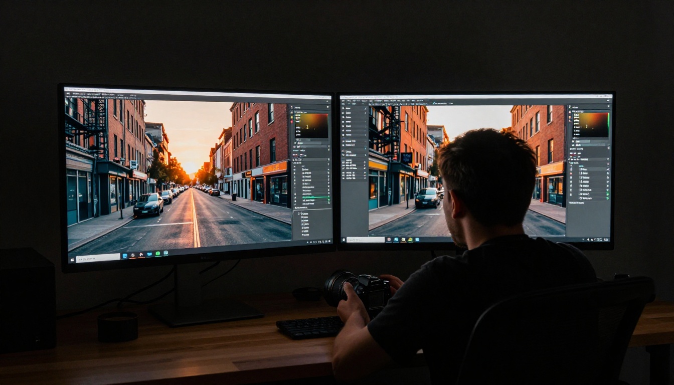Creative professional comparing color grades on dual monitors