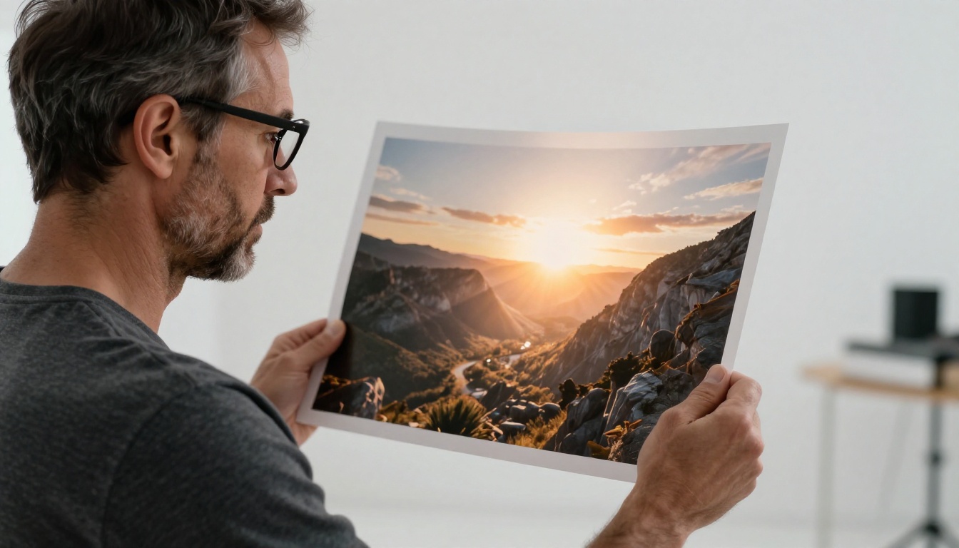 Man in his forties examining a large printed photograph held to the light in a minimalist white photography studio Man in his forties examining a large printed photograph held to the light in a minimalist white photography studio