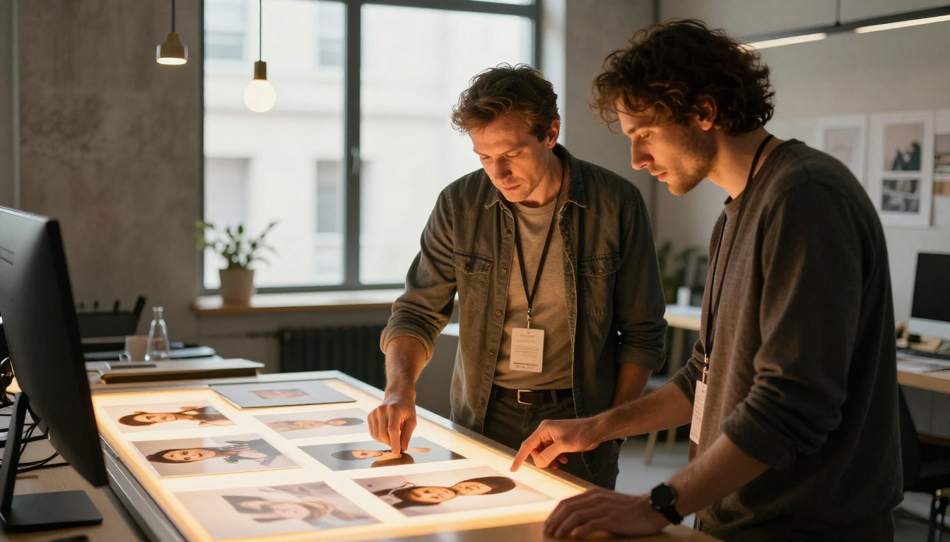 Creative team reviewing printed portfolio images spread across a light table in a modern studio with concrete walls