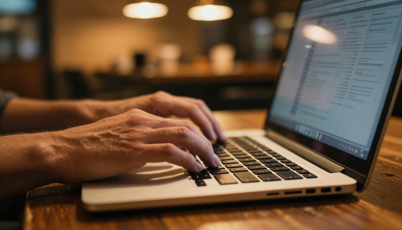 Hands typing on a laptop keyboard in a warm coffee shop