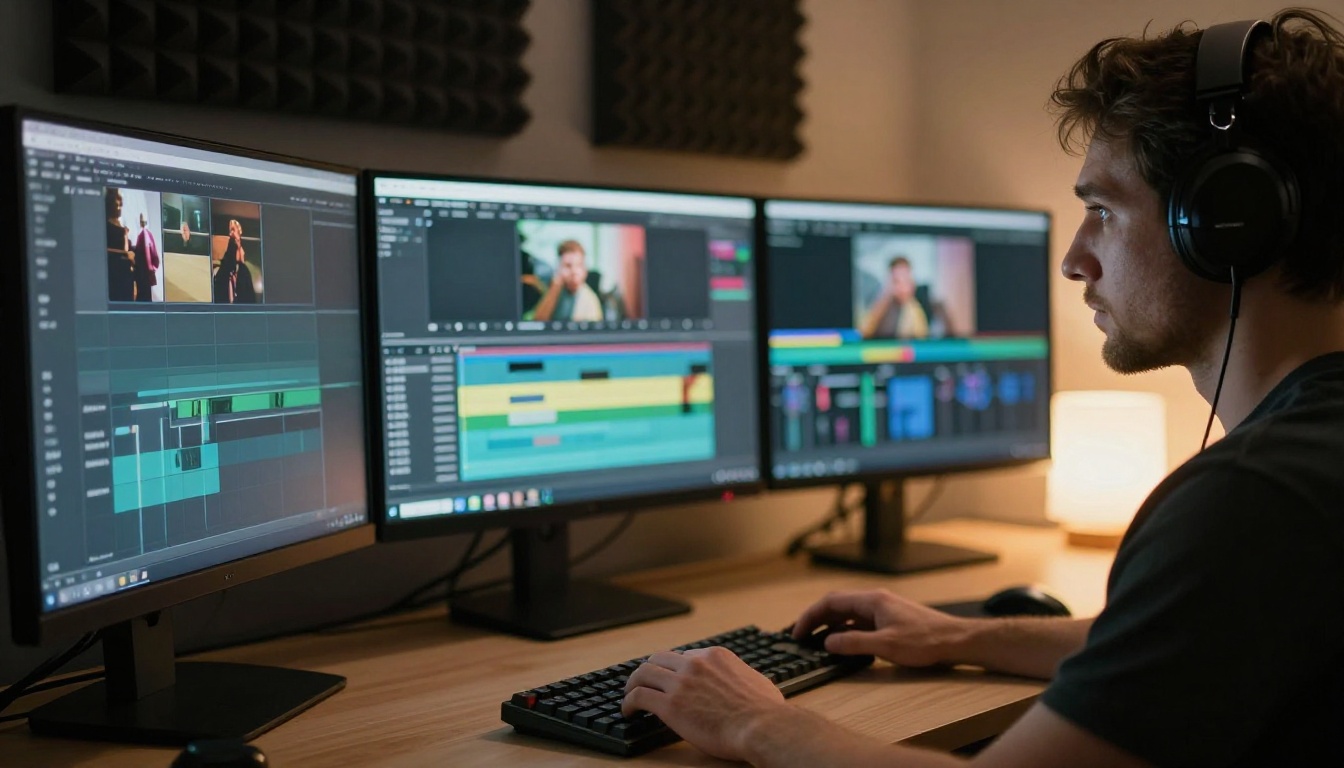 Video editor reviewing AI-generated footage on professional workstation Video editor reviewing AI-generated footage on professional workstation