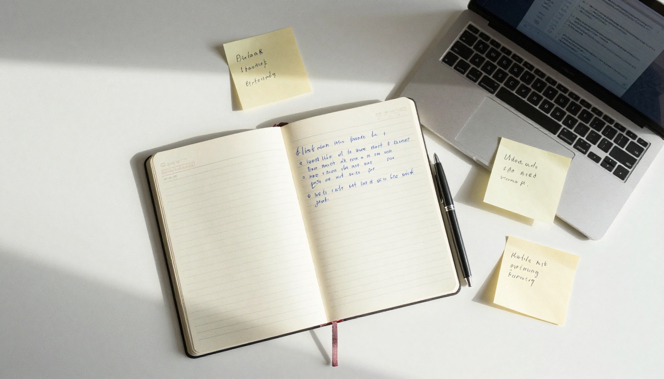 Flat lay of open notebook, pen, and laptop on white desk