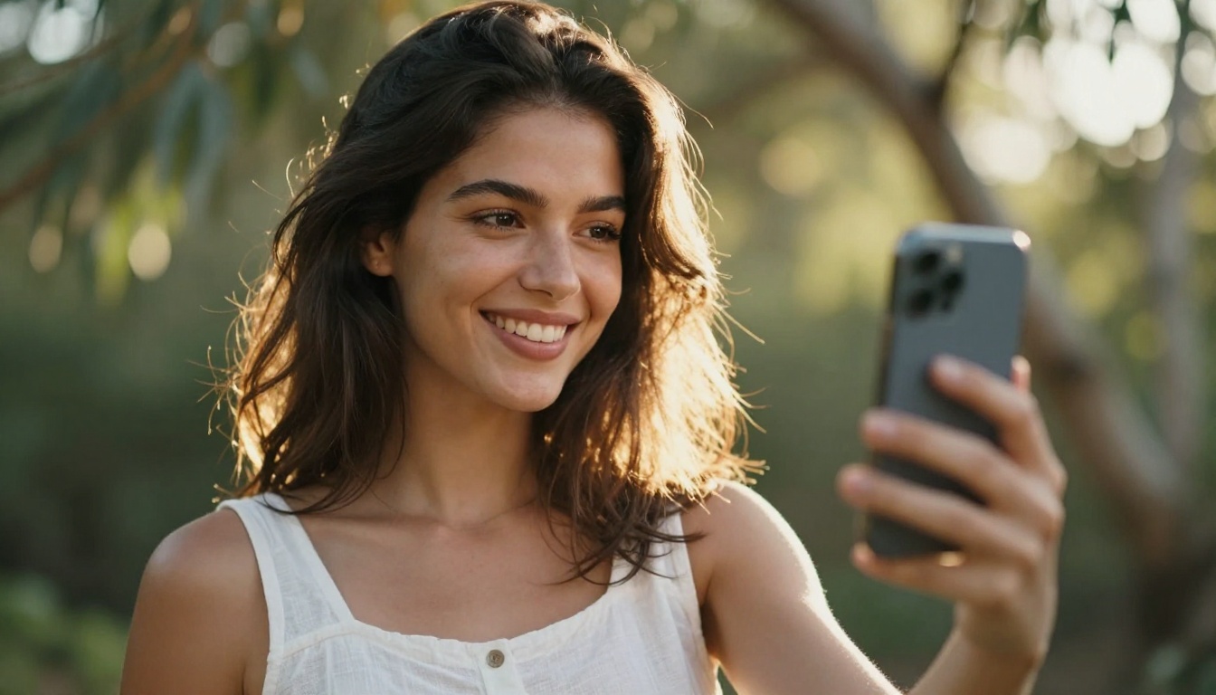 Woman filming vertical content outdoors in natural light Woman filming vertical content outdoors in natural light