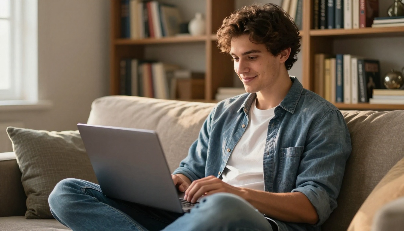 Young man on couch with laptop, satisfied expression in warm home office