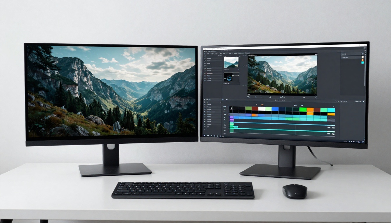 AI video editing workstation with dual monitors
