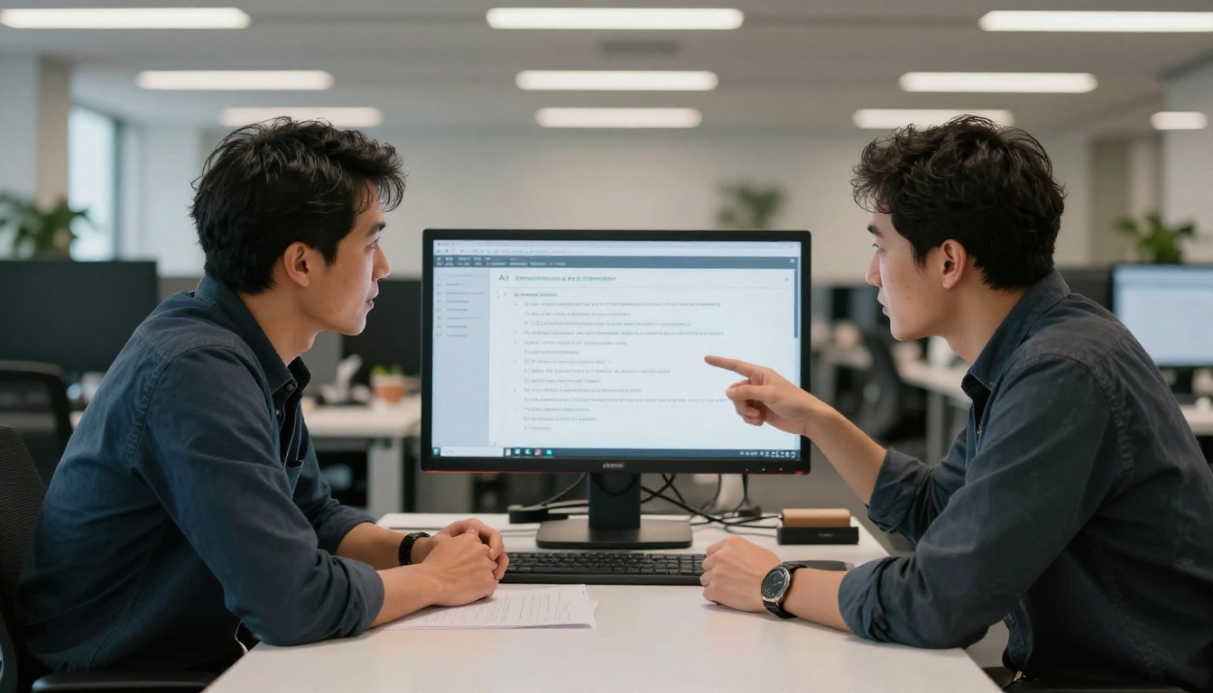 Two colleagues reviewing structured prompts on a widescreen monitor