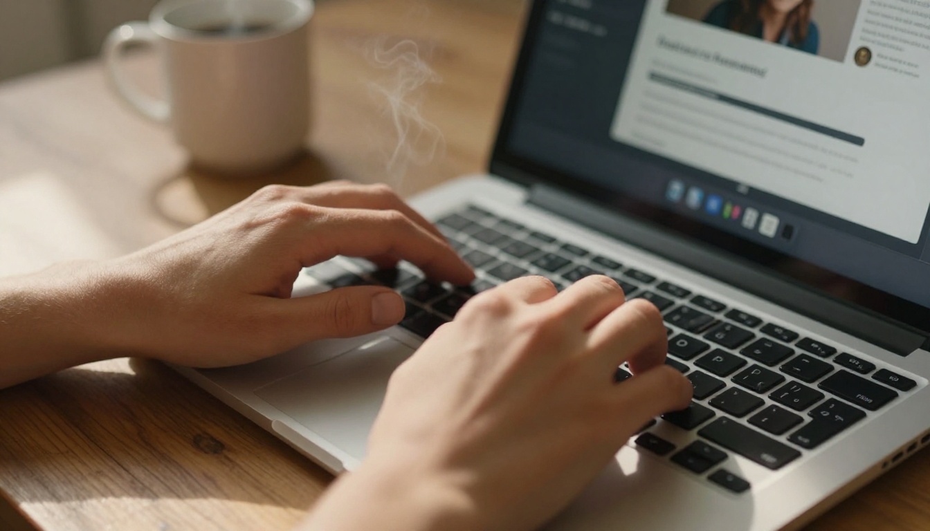 Hands typing a video generation prompt on a laptop