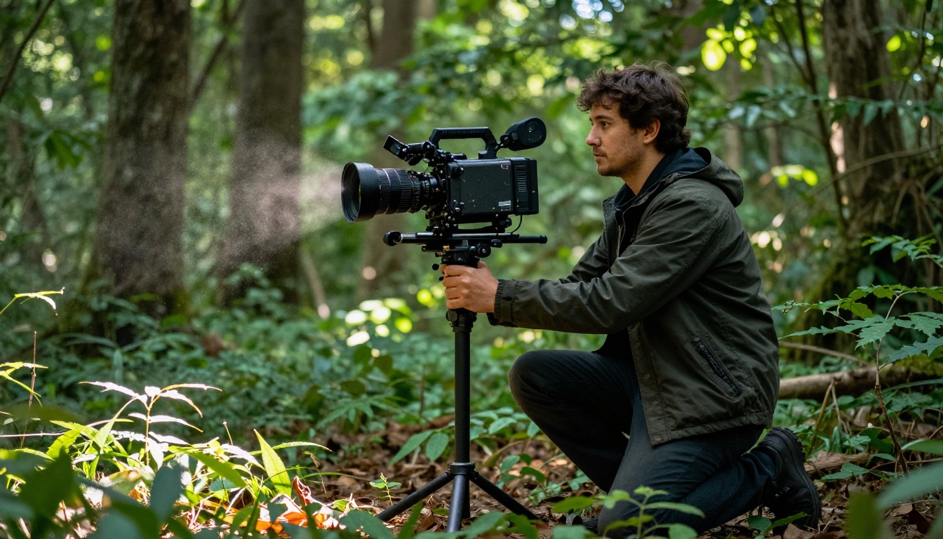 Cinematographer filming in a lush green forest with professional camera rig Cinematographer filming in a lush green forest with professional camera rig