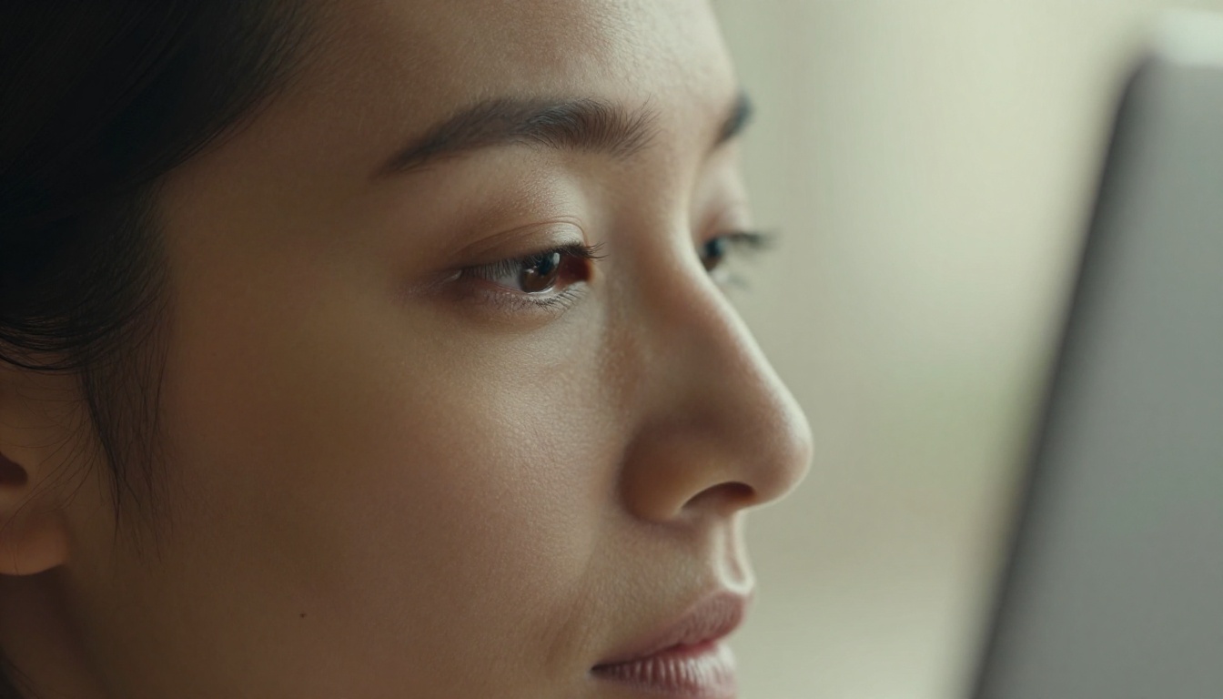 Close-up side profile portrait of woman in deep concentration
