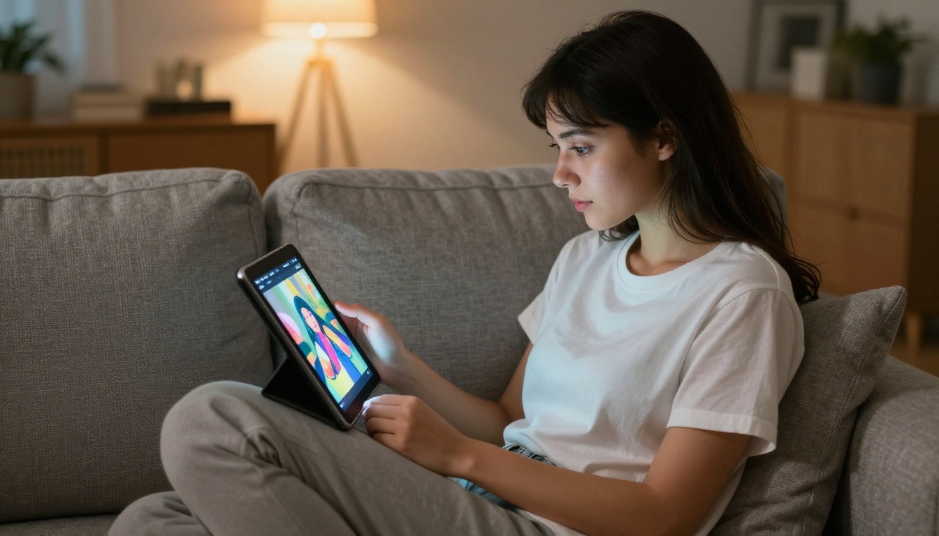 Woman watching AI-generated video on tablet in living room