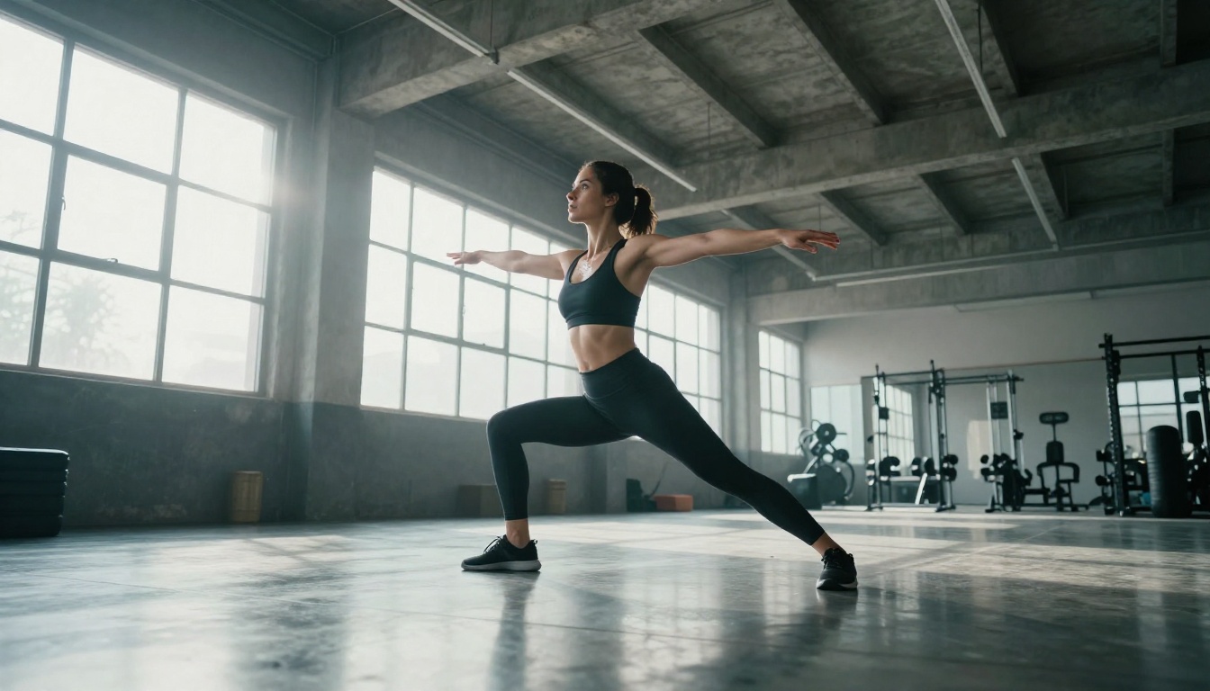 Woman in athletic wear in a bright open gym, low angle shot Woman in athletic wear in a bright open gym, low angle shot