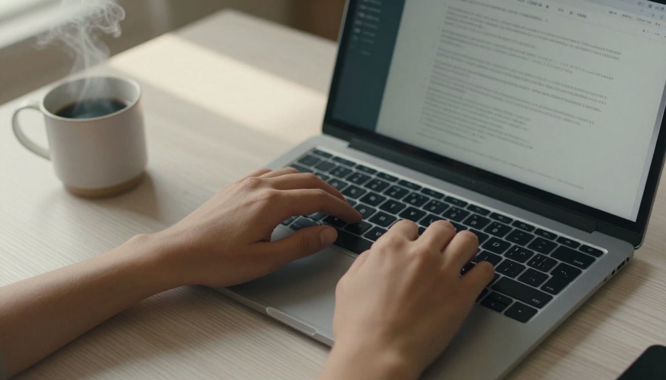 Hands typing on keyboard representing prompt writing for AI video Hands typing on keyboard representing prompt writing for AI video