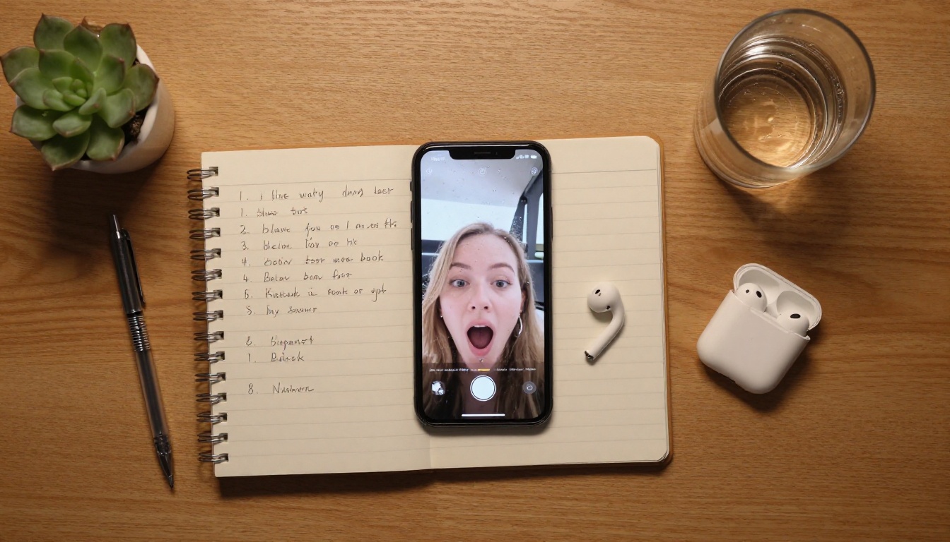 Flat lay desk with phone and content planning notebook