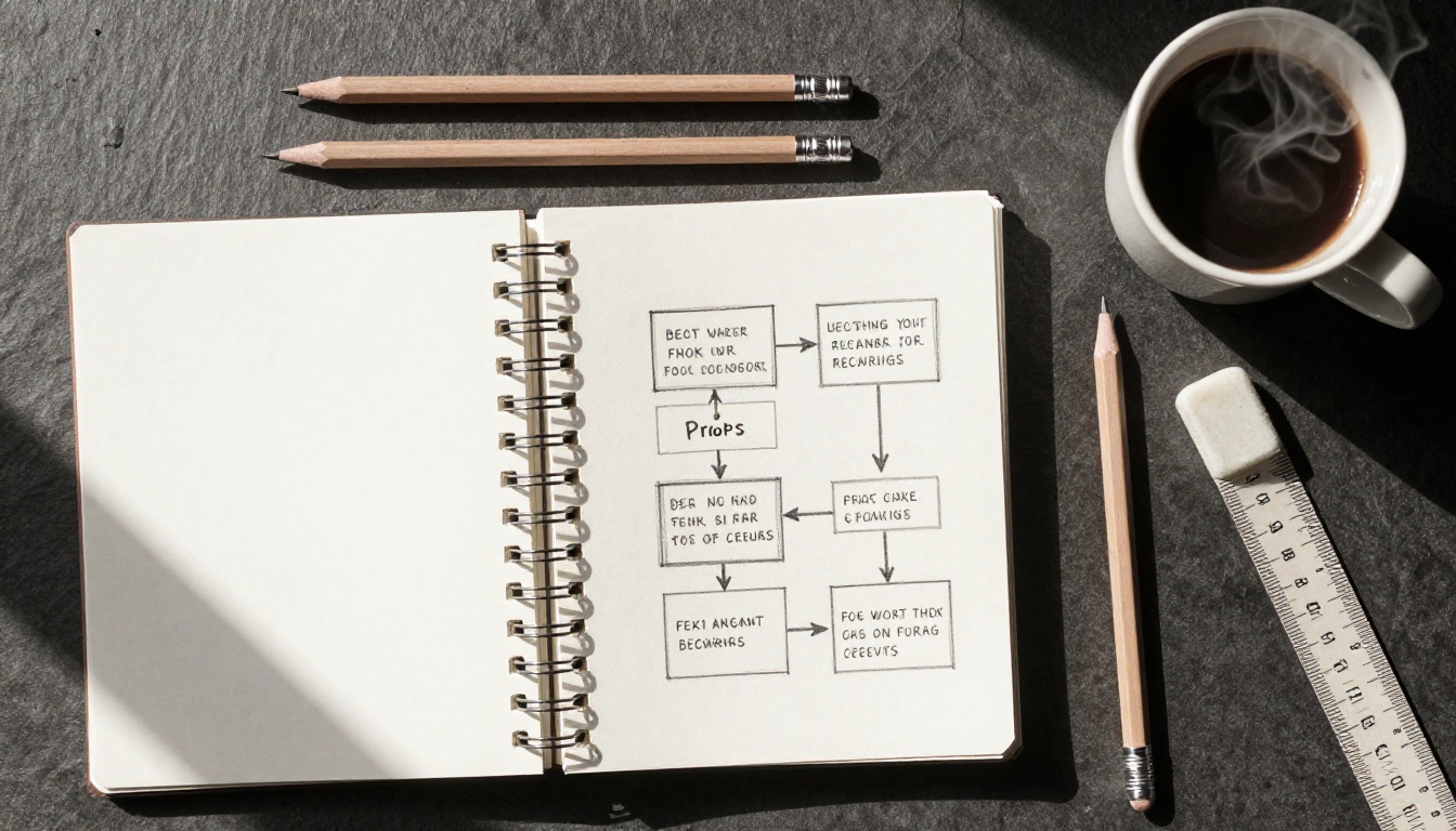Overhead flat lay of notebook with prompt structure diagram, pencils, and coffee