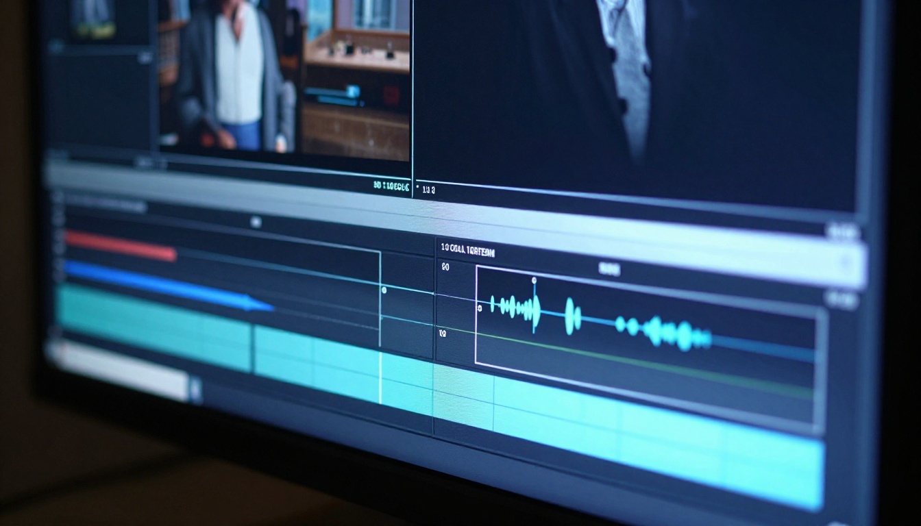 4K video timeline with color grading on monitor screen